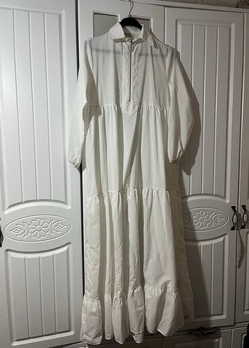 Uzun Beyaz Keten Bohem Elbise - Görsel 2