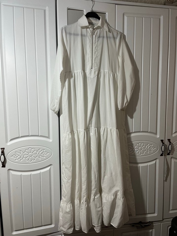 Uzun Beyaz Keten Bohem Elbise - Görsel 2