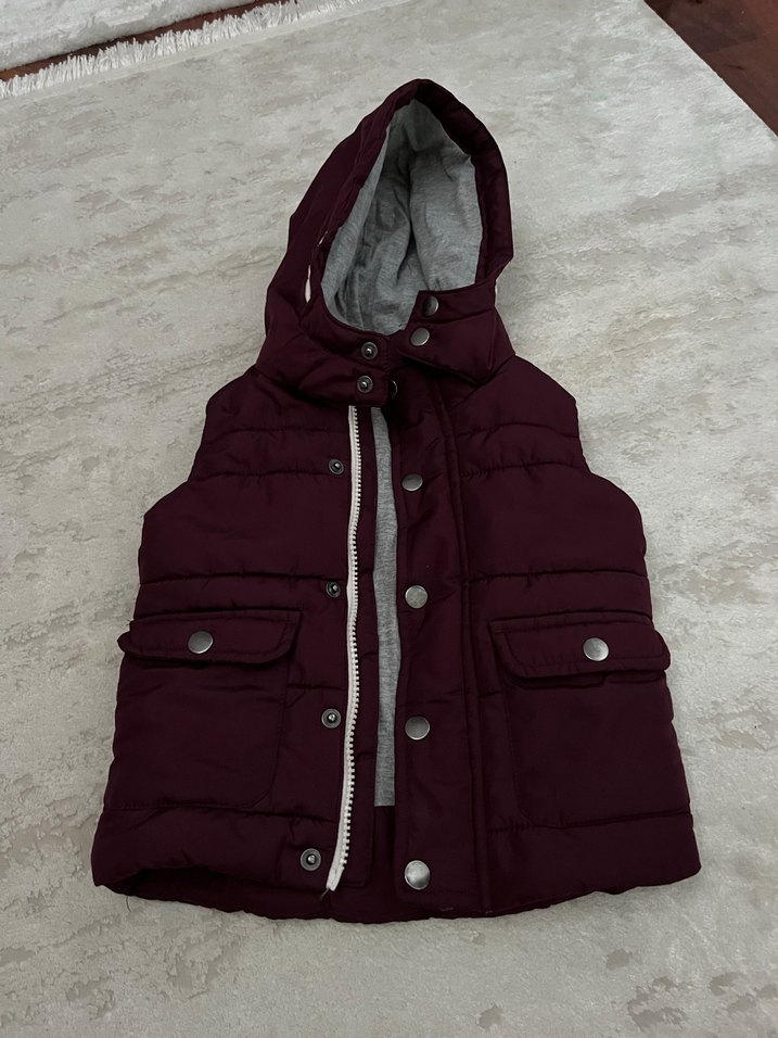 Bordo Erkek Çocuk Düğmeli Kapüşonlu Yelek - Görsel 4