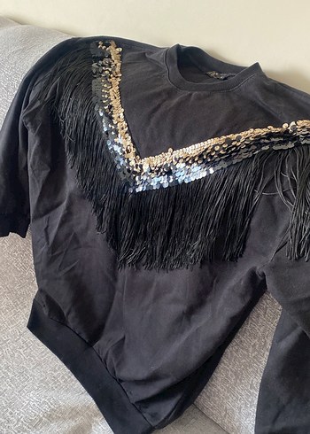 m Beden Siyah Püsküllü Nakışlı Bohem Sweatshirt