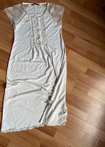 Uzun Beyaz Bohem Vintage Gecelik - Görsel 4