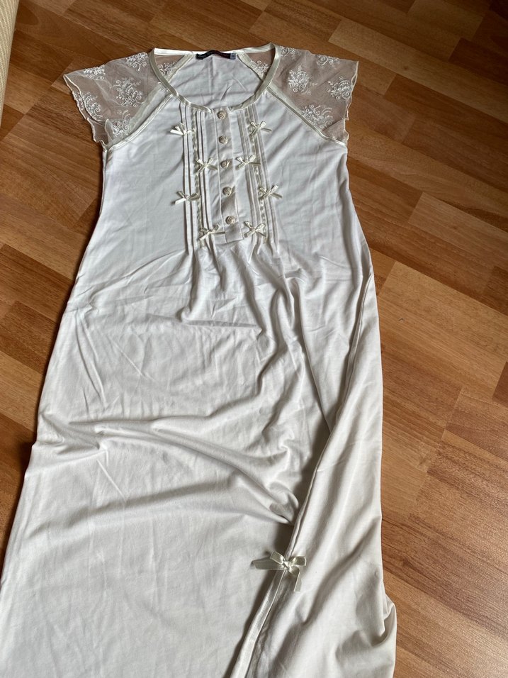 Uzun Beyaz Bohem Vintage Gecelik - Görsel 3