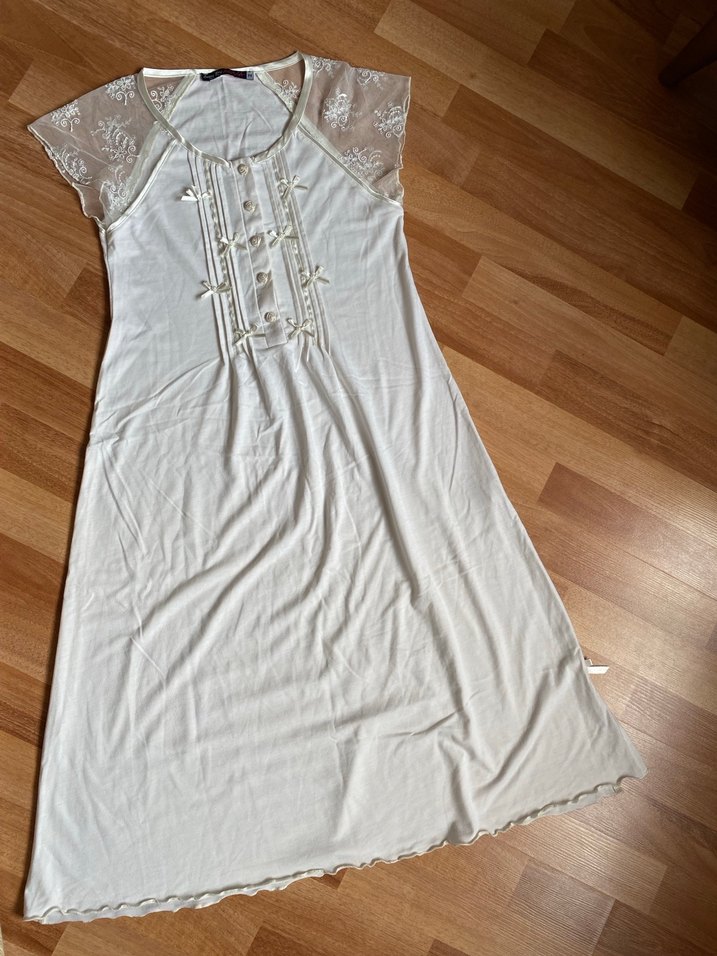 Uzun Beyaz Bohem Vintage Gecelik - Görsel 2