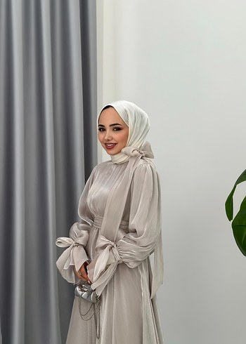Uzun taş rengi Drapeli Tesettür Abiye - Görsel 3