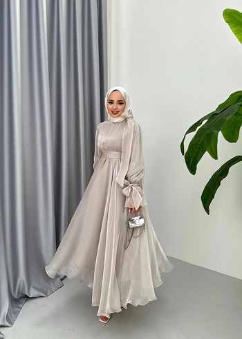Uzun taş rengi Drapeli Tesettür Abiye - Görsel 2