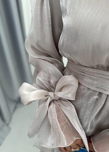 Uzun taş rengi Drapeli Tesettür Abiye - Görsel 4