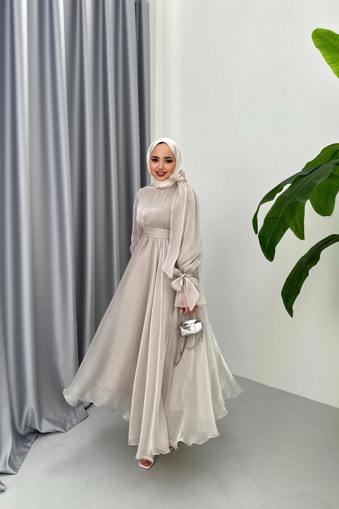 Uzun taş rengi Drapeli Tesettür Abiye - Görsel 2