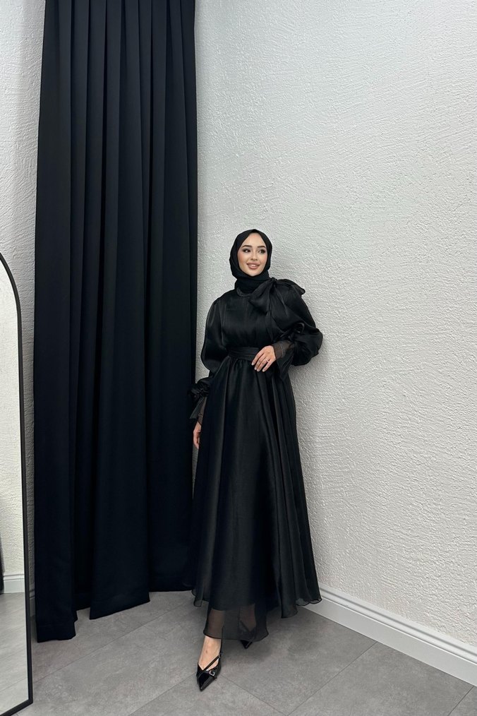 Siyah Uzun Kollu Yüksek Yakalı şık asil abiye - Görsel 2
