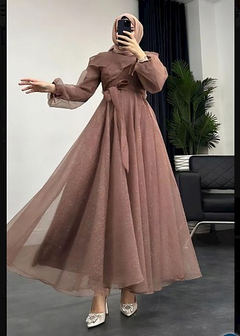 kahverengi Uzun Kollu Drapeli Abiye Elbise - Görsel 2