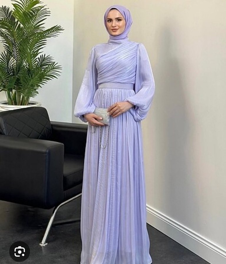 balon kol parlak Yüksek Yakalı kemerli lila Elbise - Görsel 2