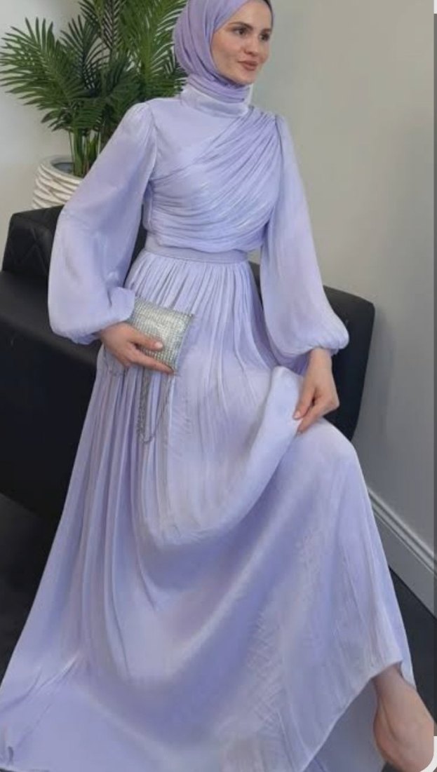 balon kol parlak Yüksek Yakalı kemerli lila Elbise - Görsel 3
