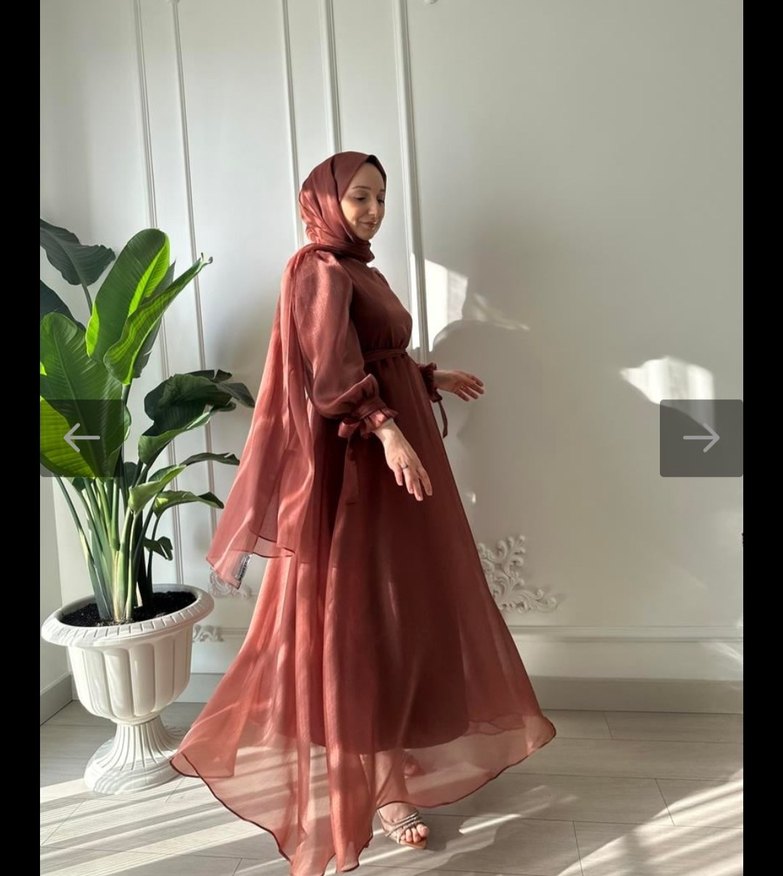 kiremit Parlak Uzun Askılı Abiye Elbise - Görsel 3