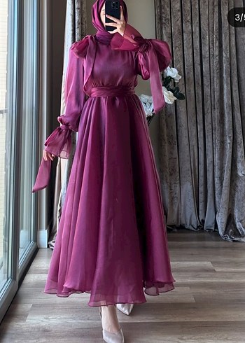 Bordo parlak  Yüksek Yakalı abiye - Görsel 2