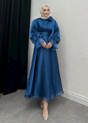 Uzun Kollu Drapeli Lacivert Abiye Elbise - Görsel 3