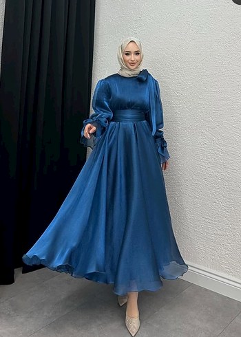 Uzun Kollu Drapeli Lacivert Abiye Elbise - Görsel 2