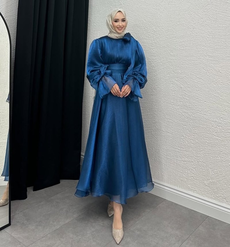 Uzun Kollu Drapeli Lacivert Abiye Elbise - Görsel 3