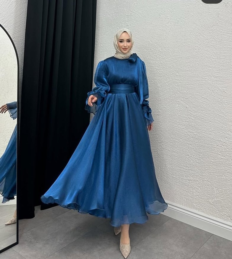 Uzun Kollu Drapeli Lacivert Abiye Elbise - Görsel 2