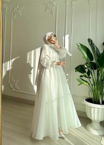 Uzun Beyaz Drapeli Modern nikah elbisesi - Görsel 2
