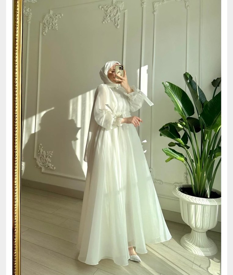 Uzun Beyaz Drapeli Modern nikah elbisesi - Görsel 2