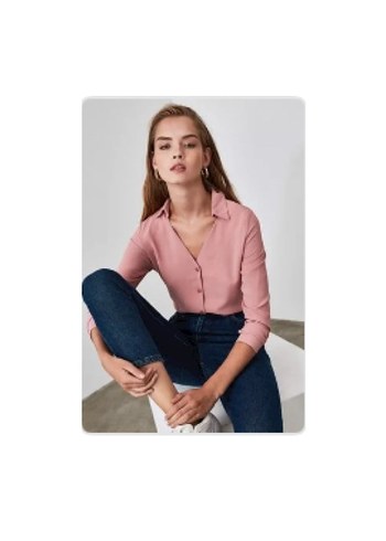 Düğmeli Gül Kurusu Kadın Gömlek - Görsel 4