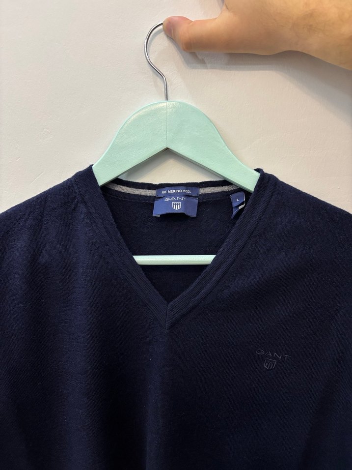 Erkek Lacivert V-Yaka Yün Kazak - Görsel 4