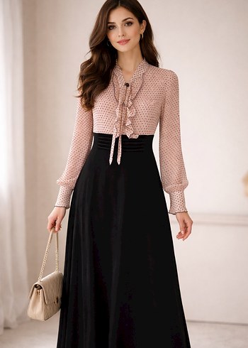 Bej Fırfırlı V Yaka Uzun Kollu Ofis Elbisesi - Görsel 4