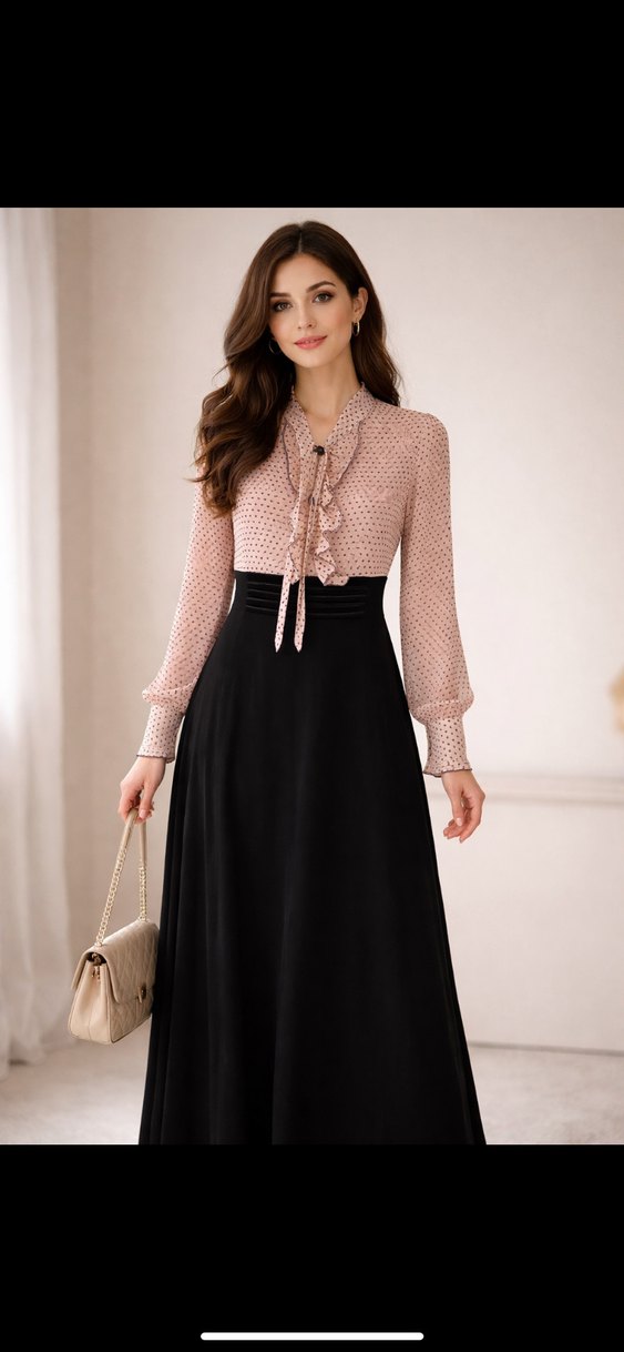 Bej Fırfırlı V Yaka Uzun Kollu Ofis Elbisesi - Görsel 4