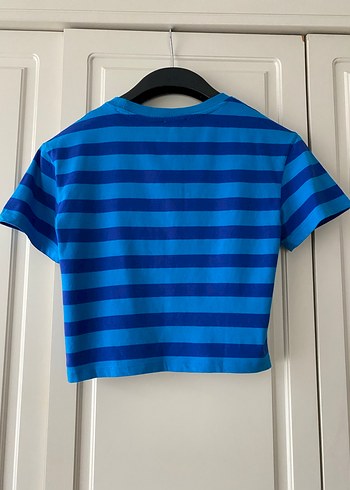 Kadın Mavi Kısa Kollu Çizgili Tişört - Görsel 2