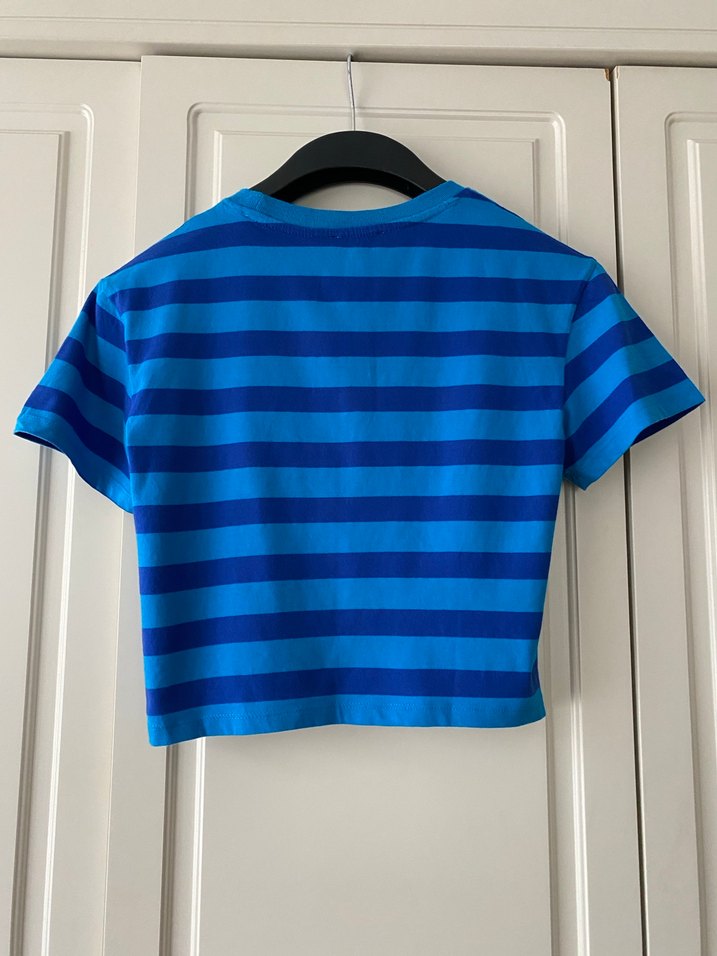 Kadın Mavi Kısa Kollu Çizgili Tişört - Görsel 2