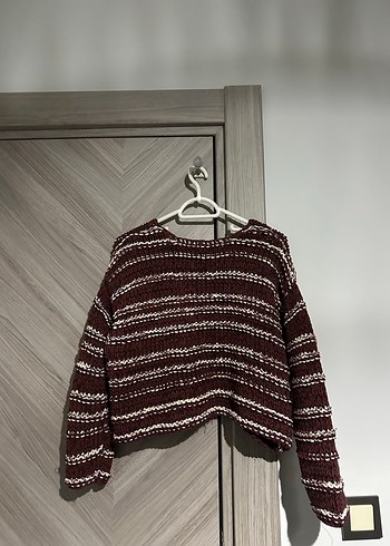 Bordo Çizgili Salaş Triko Kazak - Görsel 2