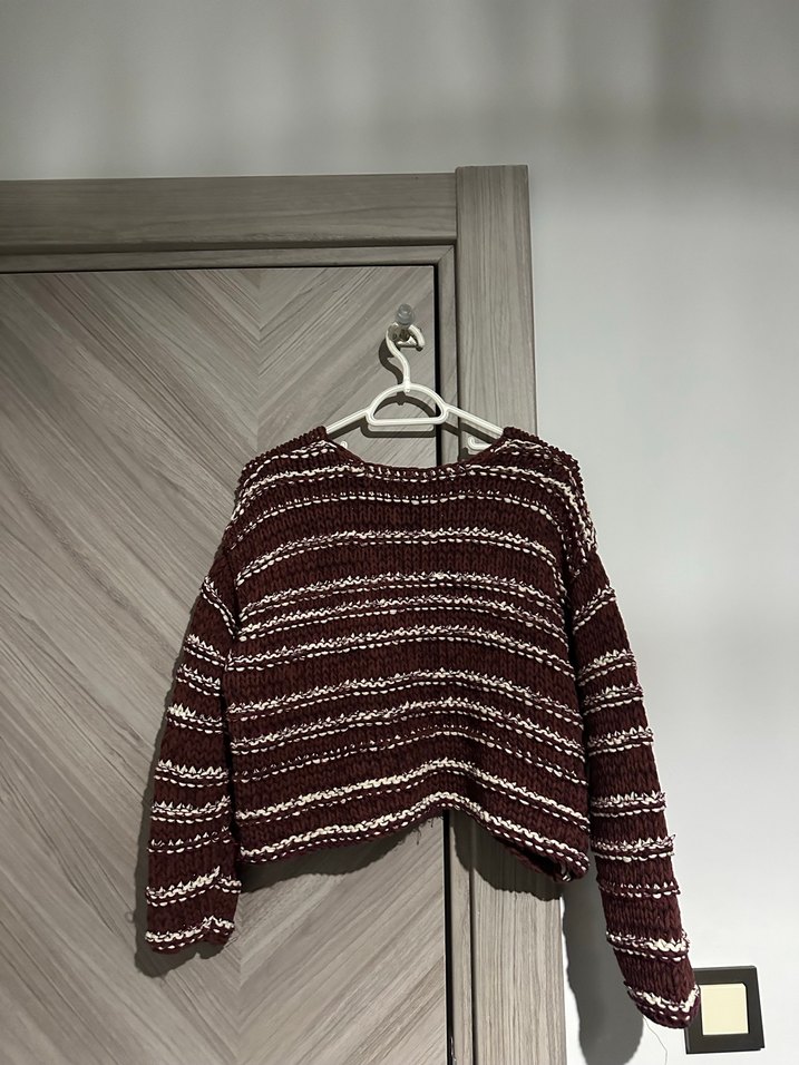 Bordo Çizgili Salaş Triko Kazak - Görsel 2