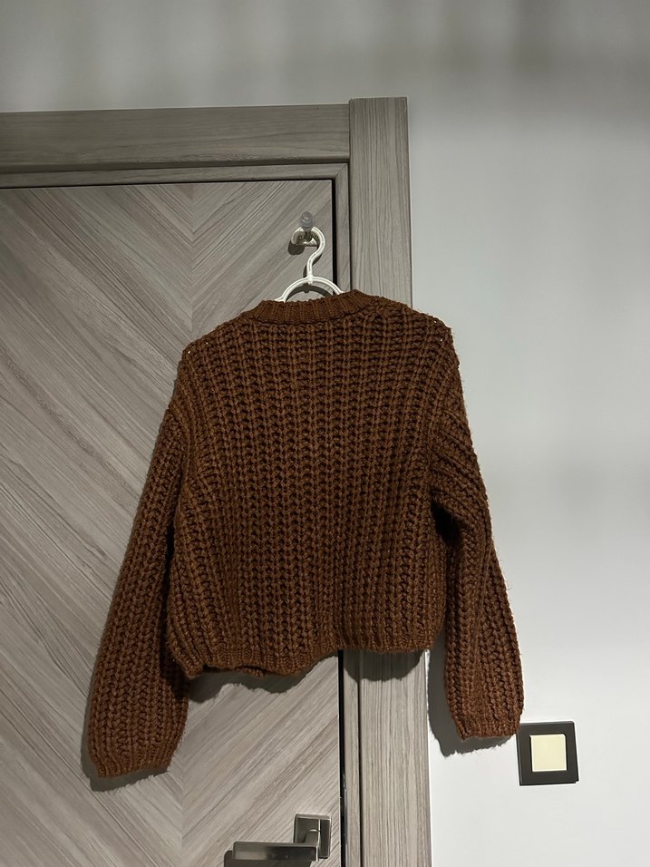 Kahverengi Örgü Kadın Mini Hırka - Görsel 3