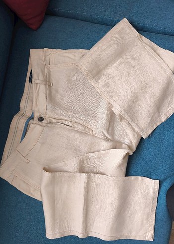 34 Beden Bej Düğmeli Keten Erkek Pantolon