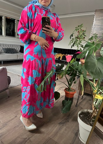 Armine Pembe Mavi Batik Desenli Salaş Uzun Elbise ve şal fytı