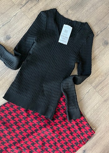 Kırmızı Kazayağı Desenli Mini Etek ve kazak set - Görsel 3