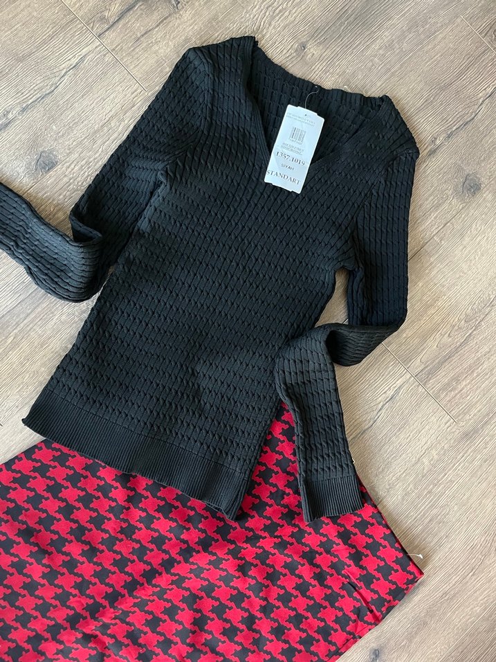 Kırmızı Kazayağı Desenli Mini Etek ve kazak set - Görsel 3