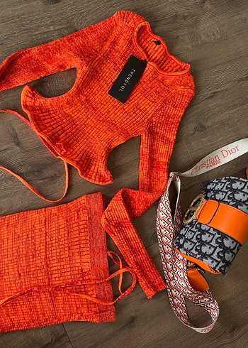 İkili takım  Desenli Turuncu Uzun Kollu Triko takım - Görsel 2