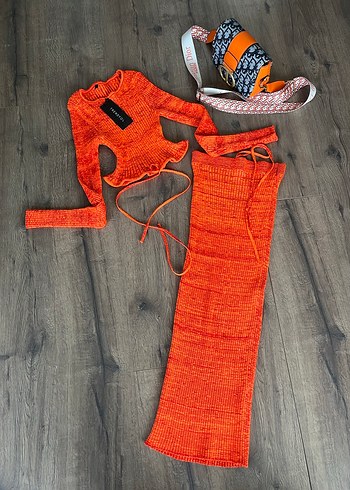 İkili takım  Desenli Turuncu Uzun Kollu Triko takım - Görsel 4