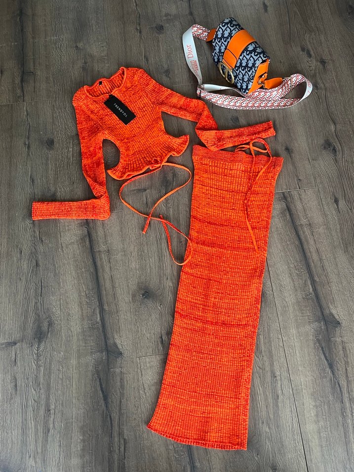 İkili takım  Desenli Turuncu Uzun Kollu Triko takım - Görsel 4