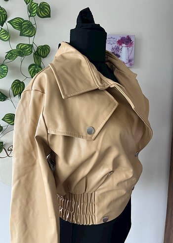 Bej Kadın Deri Ceket Düğmeli Midi Boy - Görsel 3