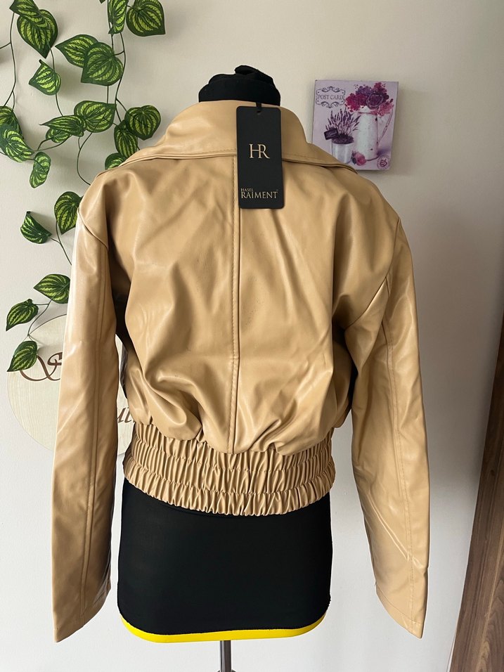 Bej Kadın Deri Ceket Düğmeli Midi Boy - Görsel 2