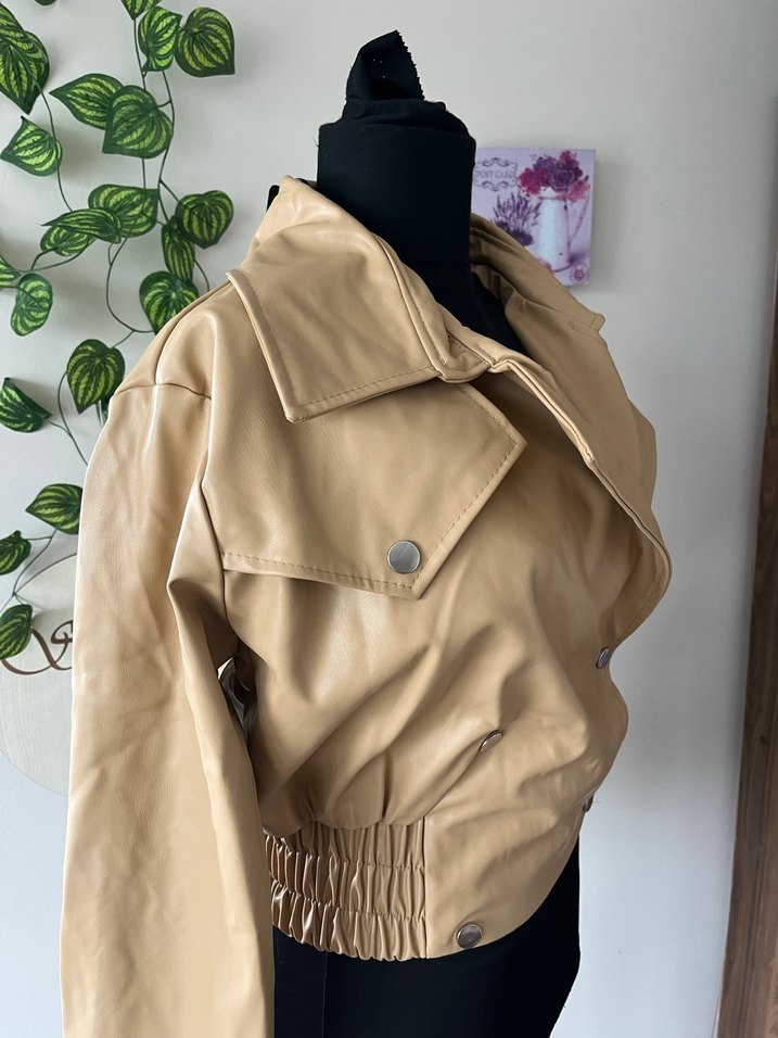 Bej Kadın Deri Ceket Düğmeli Midi Boy - Görsel 3