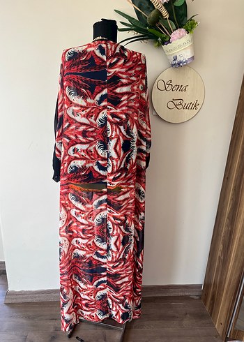 xl Beden Uzun Kırmızı Batik Bohem Kimono