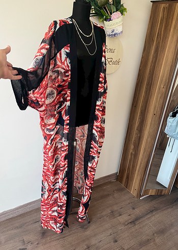 Uzun Kırmızı Batik Bohem Kimono