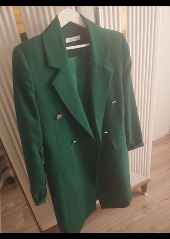 Düğmeli Uzun Yeşil Kadın Blazer Ceket pantolon takim - Görsel 4