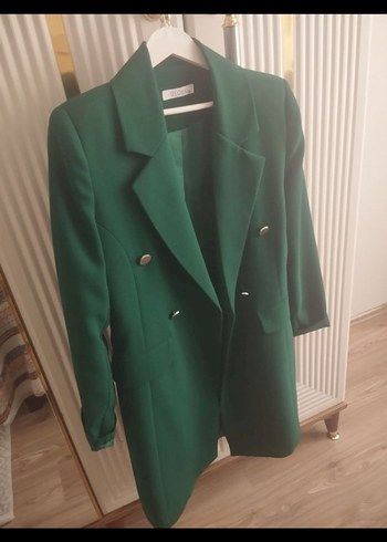 Düğmeli Uzun Yeşil Kadın Blazer Ceket pantolon takim - Görsel 2