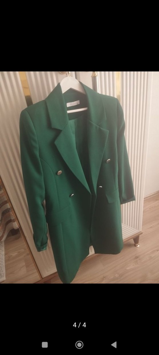 Düğmeli Uzun Yeşil Kadın Blazer Ceket pantolon takim - Görsel 2