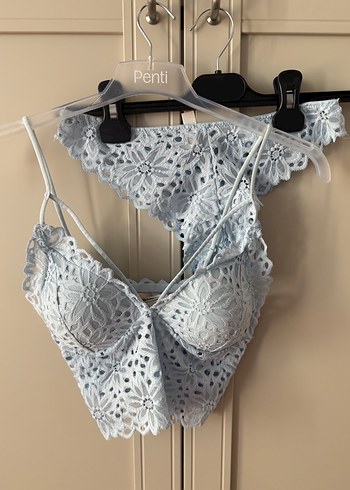 Nakışlı Mavi Mini Bralet Takım