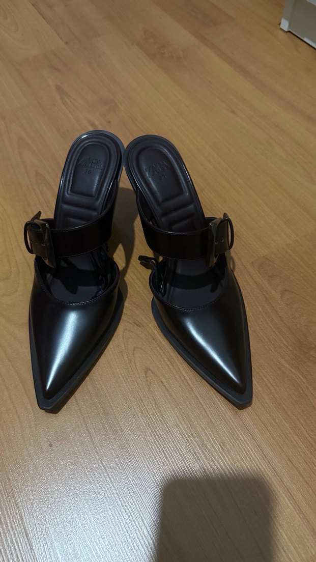 Zara Bordo Deri Tokalı Dolgu Topuklu Stiletto - Görsel 4