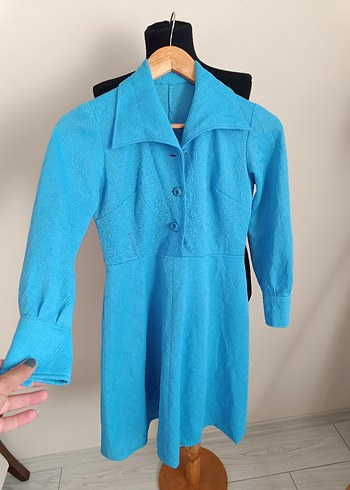 s Beden Düğmeli Mavi Midi Kadın vintage nostalji elbise